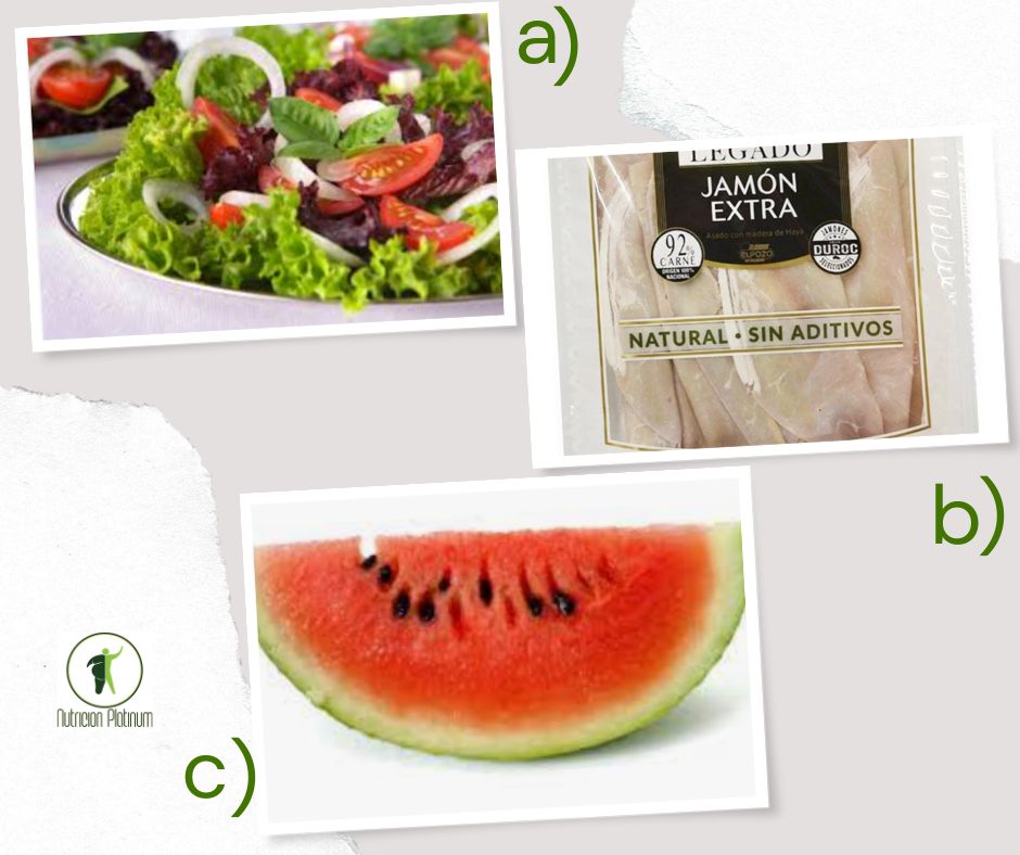 Ensalada con albahaca jamón cocido y 1 tajada de sandia.